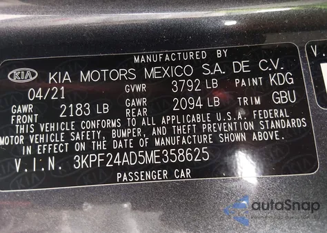 2021 Kia Forte Lxs from USA, damaged, VIN 3KPF24AD5ME358625